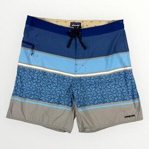 Patagonia Nylon Shorts Unlined Swim Trunks Blue Striped Mens Board Short 8.5"